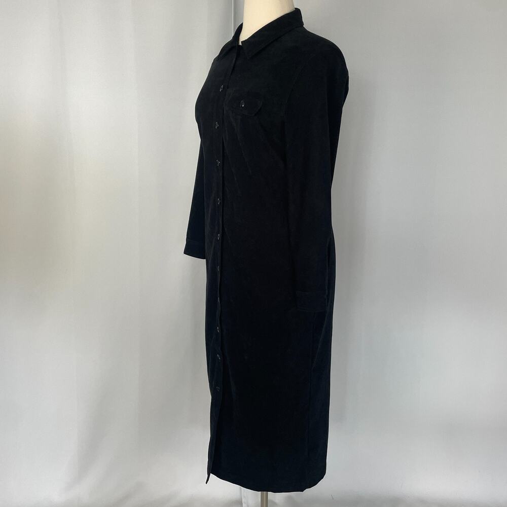 Vintage Maxi Dress Size 16 Black Solid Shirt Button Faux Suede Minimal Goth - Picture 5 of 12